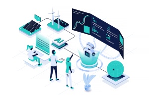 Trendy Isometric illustration of AI and Sustainability Control C